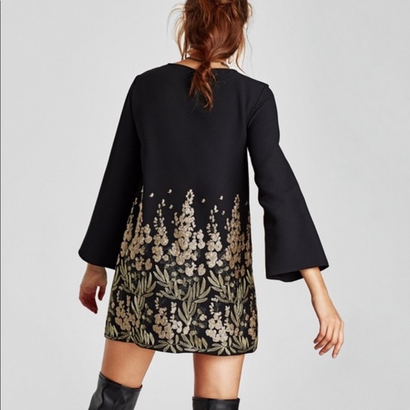 ZARA | BLACK LONG SLEEVE MINI DRESS WITH GOLD EMBELLISHED EMBROIDERY - Picture 10 of 10